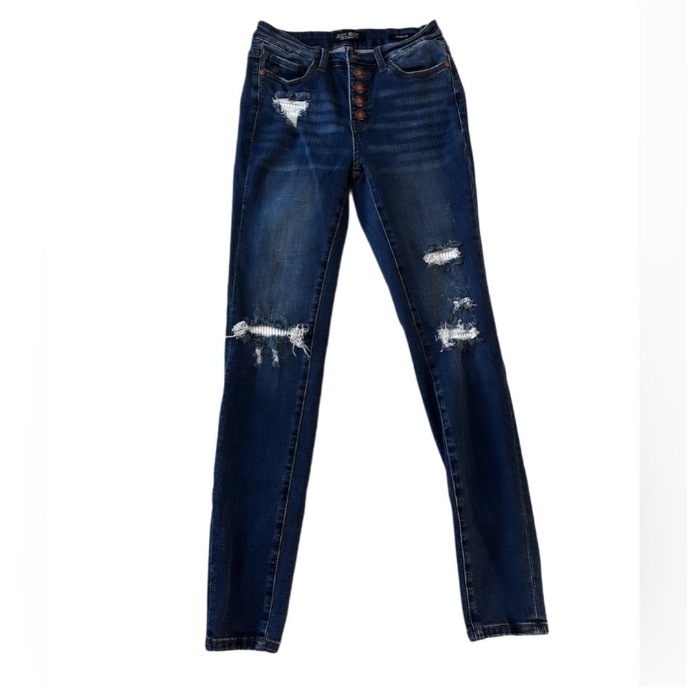 Judy Blue Mid Rise Medium Wash Skinny Jeans with Thermal Patch Insert